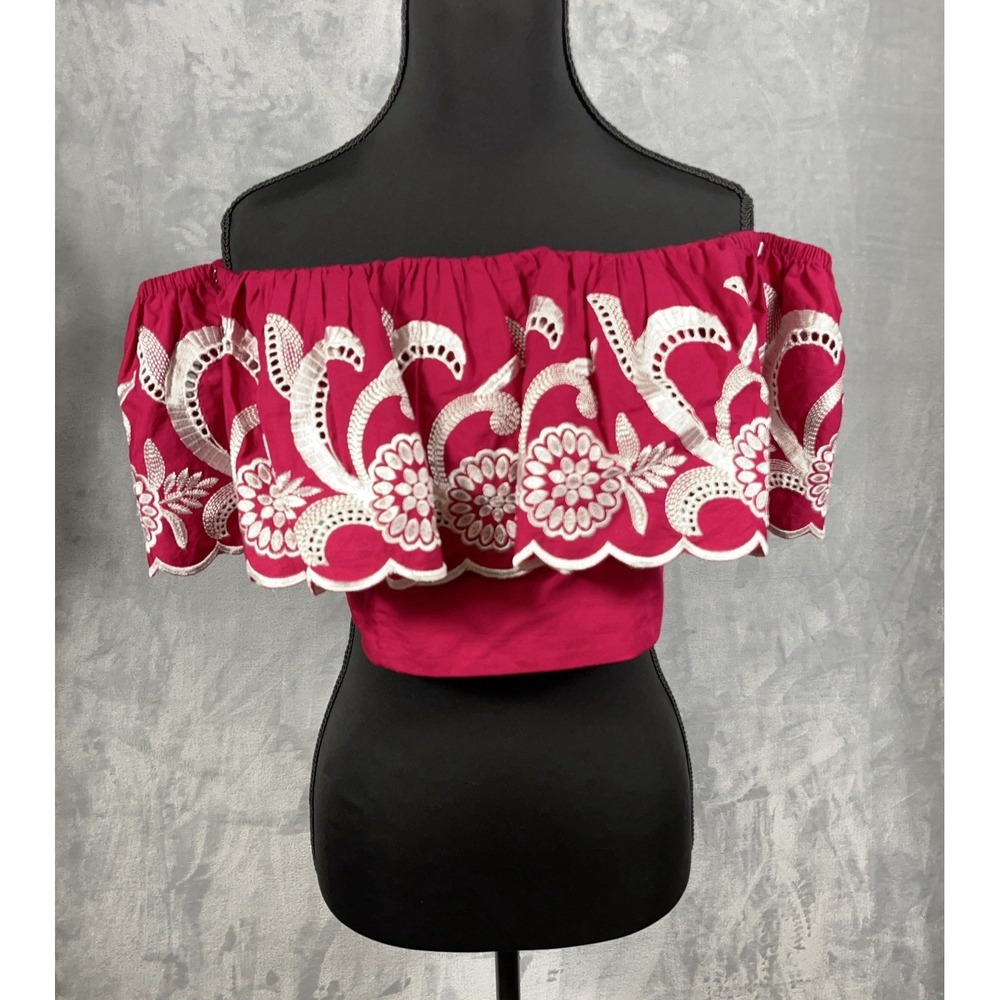 Express Off Shoulder Ruffled Embroidered Crop Top Red White M Boho Chic Romantic